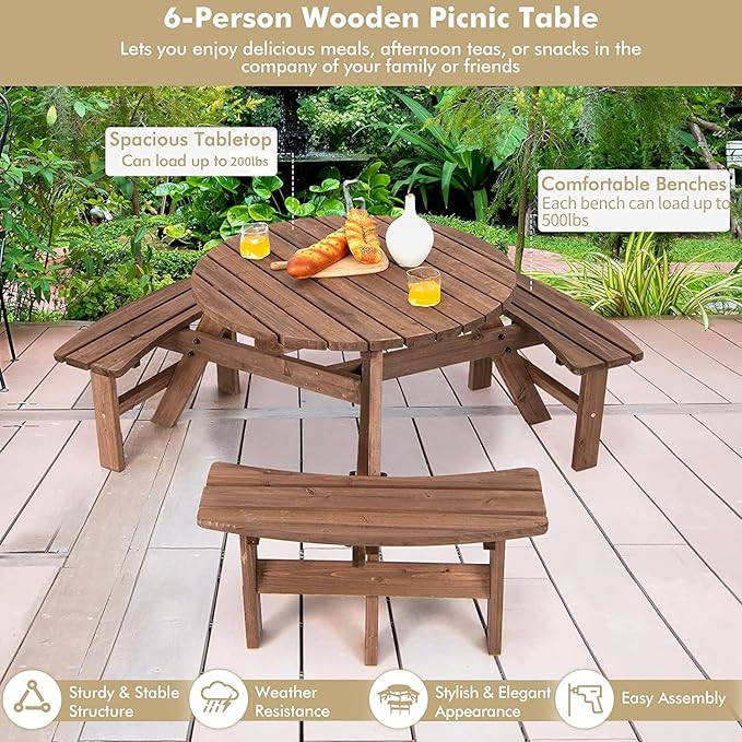 Tangkula 6 Person Wood Picnic Table, Outdoor Round Picnic Table with 3 Built-in Benches, Umbrella Hole, Outside Table and Bench Set for Garden, Backyard, Porch, Patio, 500lbs Capacity Per Bench