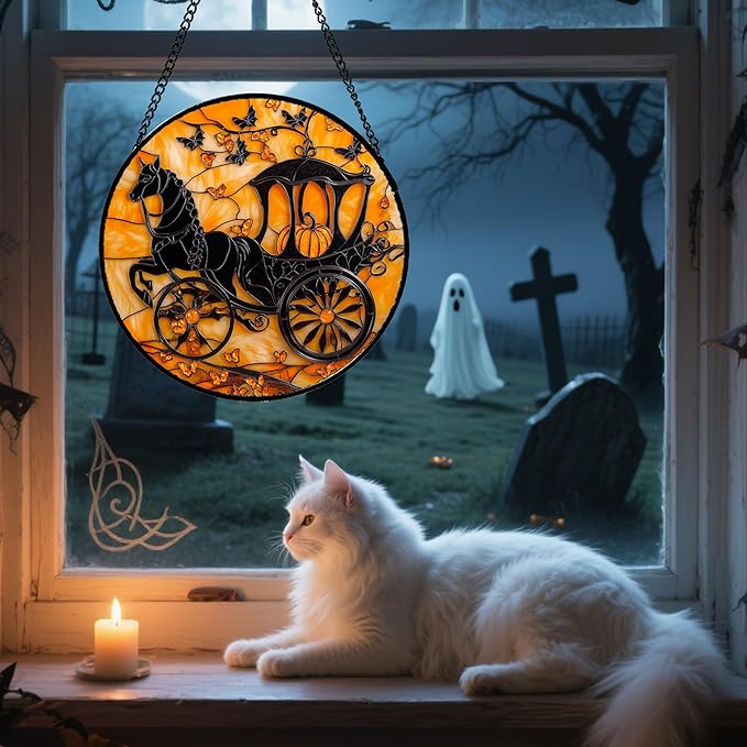 Stained Glass Window Hanging - Halloween Pumpkin Carriage Suncatcher for Doors Window Garden Indoor Spooky Funny Orange Sun Catchers Gothic Decor Horror Gifts for Women Men Friend 9.8 in
