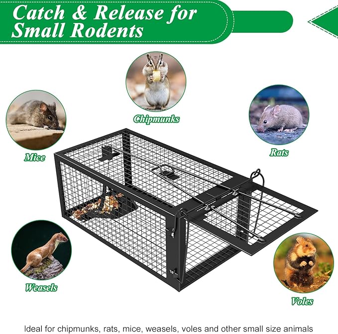 2 Packs Humane Rat Trap Outdoor Mouse Traps Indoor Use, Rodent Chipmunk Traps for Small Live Animal Catch and Release - Black