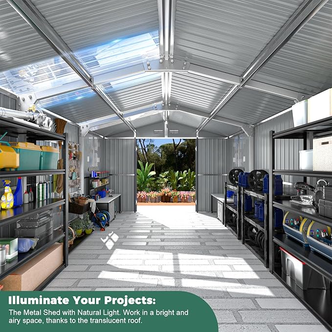 Metal Shed 10x16 FT Big with Heavy-Duty Reinforced Steel Frame and Customizable Skylight, Lockable Doors, 4-Pane Windows, Large Outdoor Storage for Garden, Tools, and Utility