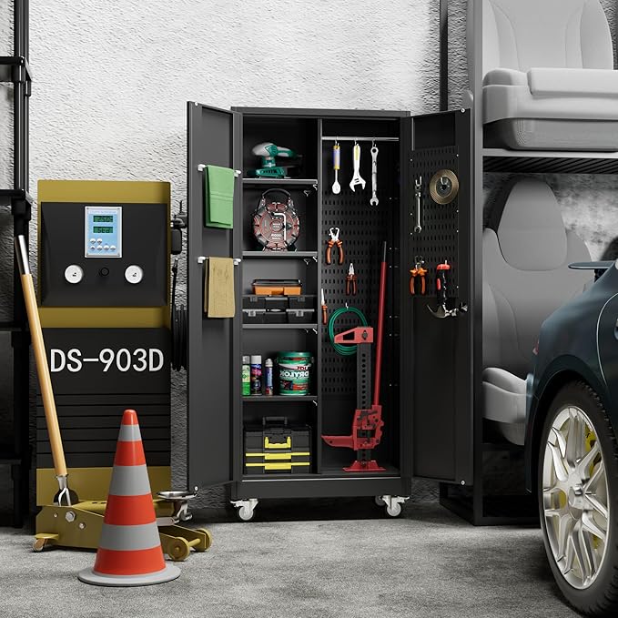 71" H Broom Closet Storage Cabinet with Wheels and Pegboard,Metal Garage Storage Cabinet with Lockable and Magnetic Doors,Adjustable Shelves for Garage Home Office,Required Assembly,Black