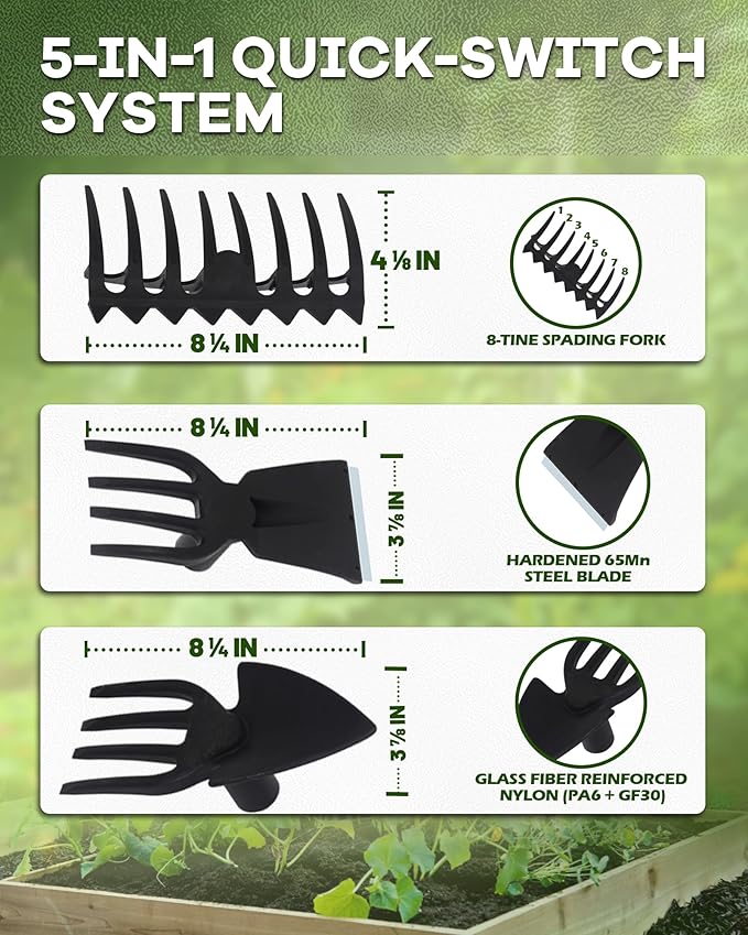 5-in-1 Garden Hoe - Adjustable 37" to 50" Handle, 5 Tool Heads, Heavy-Duty Weeding, Cultivating, and Raking Tool for Gardening, Camping, and Outdoor Use