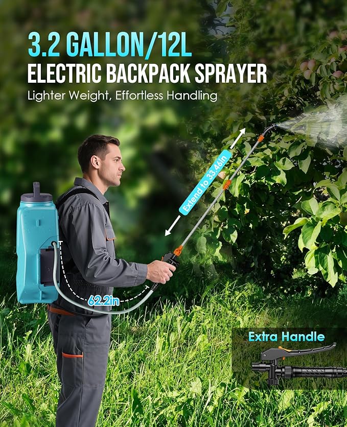 Battery Powered Backpack Sprayer 3.2 Gallon, with 7 Nozzles & Telescopic Wand, Electric Weed Sprayer for Yard, Lawn and Garden, 2x2.5Ah Rechargeable Batteries & 1x Charger Included