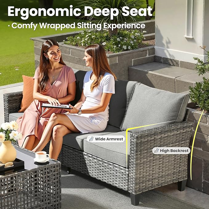 ovios 8 Pieces Patio Furniture Set with Swivel Chairs Rocking Gliders, Outdoor Sofa Couch with Solar Lights Table Comfy Cushions, Modern Deep Seat Wicker Rattan Conversation Set, Dark Grey