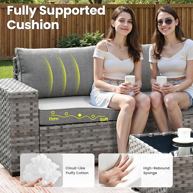 ovios 7 Pieces Patio Furniture Set, Outdoor Wicker Sectional Sofa with 42 Inch Fire Pit Table Comfy Cushions, Modern Modular Deep Seat Rattan Couch Conversation Set, Dark Grey