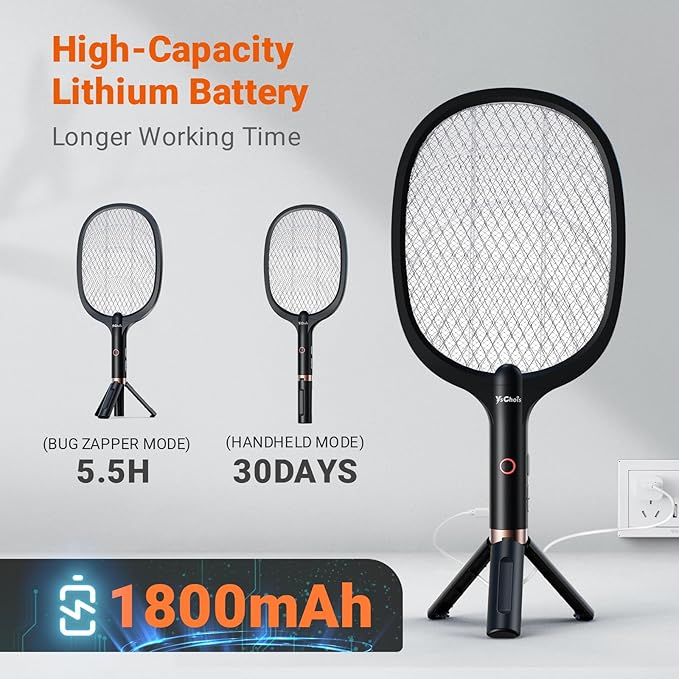 Electric Fly Swatter Racket, Rechargeable Fly Zapper - 4000 Volt, Exclusive 2-in-1 Bug Zapper Racket - USB Charging, 1800mAh Li-Battery, Indoor & Outdoor Use, Black, 2 Packs