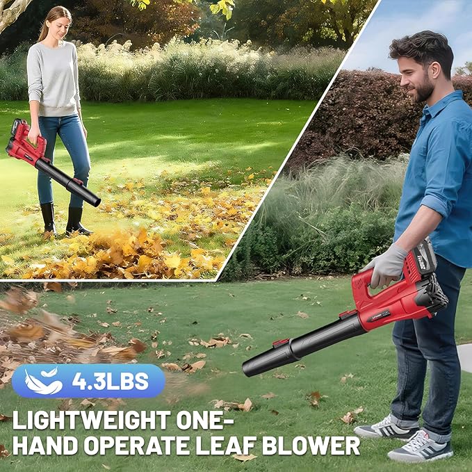 Leaf Blower Cordless with 2 x 4.0Ah Battery and Charger, 160MPH/580CFM High Power Lightweight Handheld Electric Leaf Blowers with 2 Extended Tubes for Lawn,Yard Garden, Leaves, Dust, Snow Care (Red)