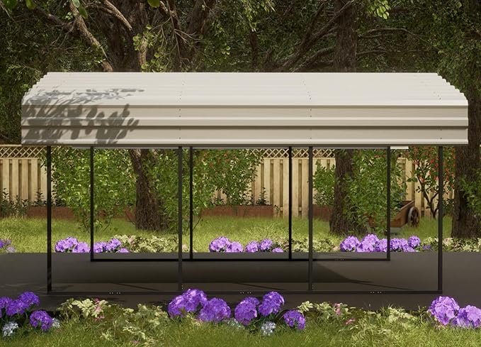Carport 10 x 15 x 7 ft Eggshell Sturdy All-Steel Heavy Duty Canopy Shelter with Metal Frame for Parking a Car, SUV, Truck, Boat, Motorcycle, and Other Vehicles Outdoor in Your Driveway