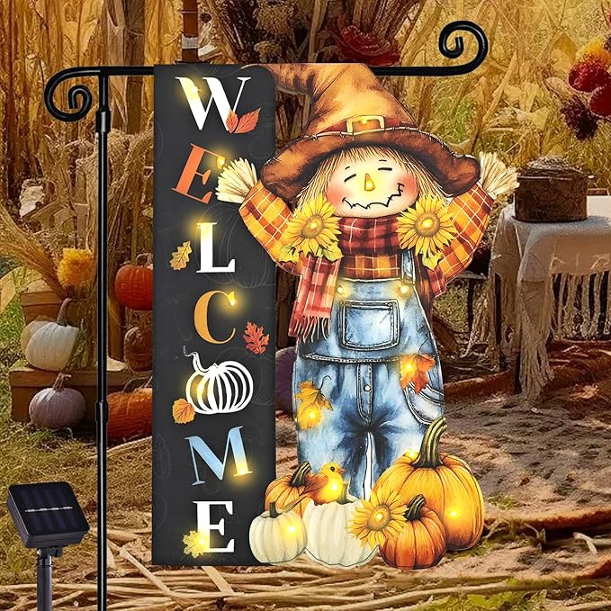 Thanksgiving Lighted Garden Flag, Solar Fall Outdoor Decor Yard Flag,8 Modes 12x18 Double Sided Led Scarecrow Flag Decorations for Home Porch