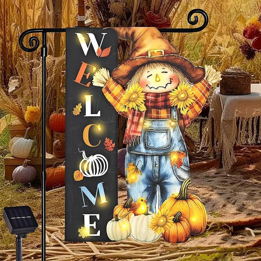 Thanksgiving Lighted Garden Flag, Solar Fall Outdoor Decor Yard Flag,8 Modes 12x18 Double Sided Led Scarecrow Flag Decorations for Home Porch