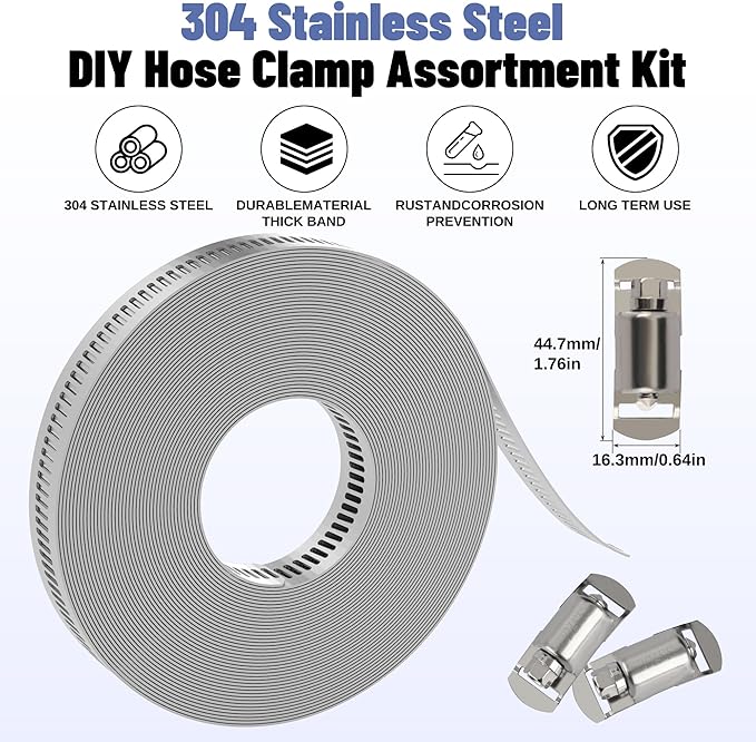 Hose Clamps Assortment Kit, Worm Gear Duct Pipe Hose, 50FT 304 Stainless Steel Band Fittings Strap DIY Large Adjustable Metal Bolt with 24 Fasteners Screw for Plumbing Auto Tube Fuel Line