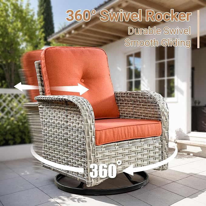 HOOOWOOO Outdoor Patio Furniture Set,8 Pieces Wicker Out Door Sectional Furniture L Shaped Couch,Patio Conversation Sets with Swivel Rocking Chair LED Table,Orange Red