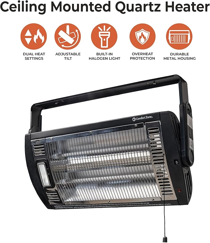 Comfort Zone CZQTV5M 750/1,500-Watt Ceiling Mounted Dual Quartz Radiant Heater with 90-Degree Adjustable Tilt, Metal Safety Grille, Overheat Protection (Hardware Included), Black