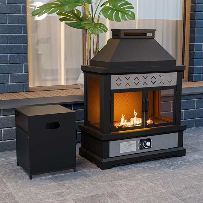 COOS BAY Outdoor Propane Fire Pit 50,000 BTU, Smokelss Gas Fireplace with Locking Mesh Doors and Tank Storage, Adjustable Flame Patio Heater for Deck, Backyard, Black/Gray