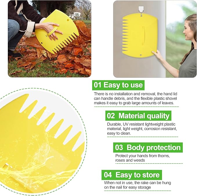 GardenHOME Leaf Scoops Hand Rakes, Large Leaf Grabbers for Yard Work and Garden Use, Clear and Collect Garden Rake, Leaf Scooper and Claws for Leaves, Lawn Debris, and Trash Cleanup, Yellow