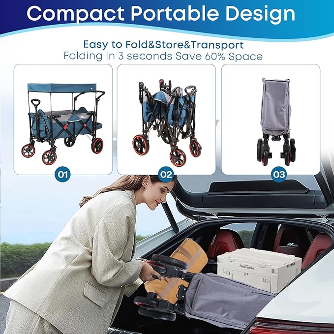 Collapsible Canopy Wagon, Foldable Wagon Stroller with 330LBS, Heavy Duty Cart with Shock-Absorbing Wheels, Adjustable Push Pulling Handles for Camping, Garden, Sports, Shopping, Blue