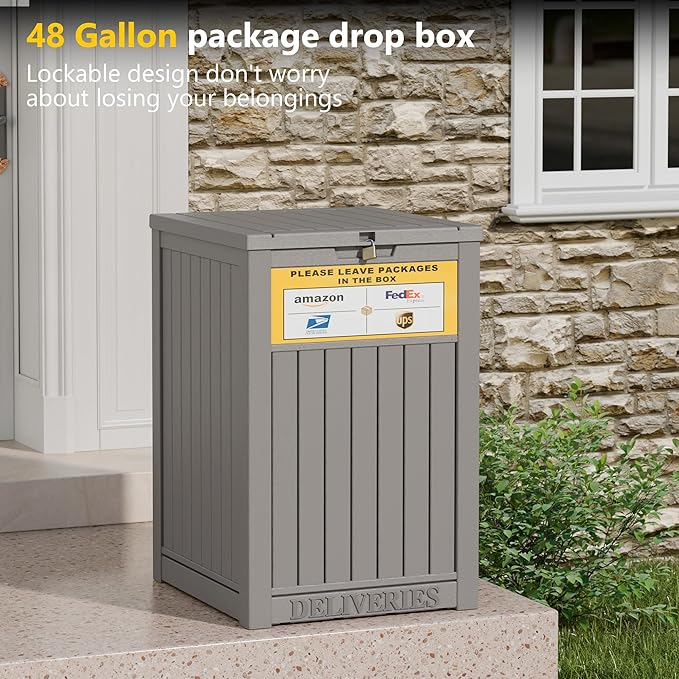 Package Delivery Box for Outside, with Delivery Sign 48 Gallon Storage with Lockable Secure, Large Resin Outdoor Package Drop Container
