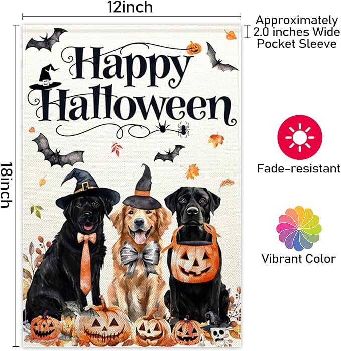 ChloropLastid Happy Halloween Dogs Garden Flag Double Sided for Outside 12x18 Inch Pumpkin Holiday Yard Decorations Burlap Outdoor Garden Flags