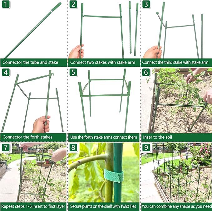 6Pack 12" Width Up to 48" Height Adjustable Square Tomato Cages for Garden, Plant Support Stakes for Climbing Vegetable, Tomatoe, Flower, with Twist Ties Snap-On Stake Arms