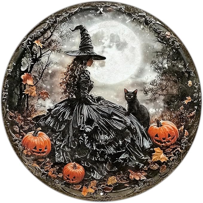 PEACHGARDEN PEACHGARDEN Round Happy Halloween Black Cat Vintage Sign Halloween Witch Metal Tin Sign for Home Bar Kitchen Hotel Dining Room Coffee 12x12inch