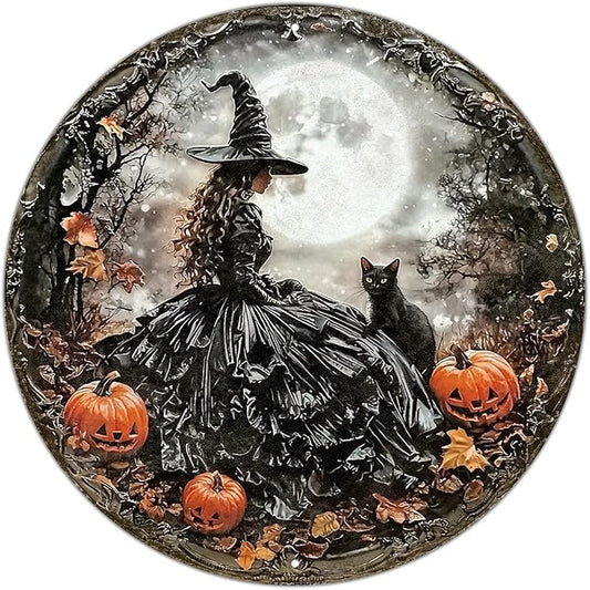 PEACHGARDEN PEACHGARDEN Round Happy Halloween Black Cat Vintage Sign Halloween Witch Metal Tin Sign for Home Bar Kitchen Hotel Dining Room Coffee 12x12inch
