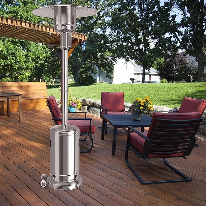 COSTWAY Outdoor Patio Heater, 50000 BTU Propane Heater with Stainless Steel Burner and Wheels, Triple Protection System, Standing Portable Outside Heater for Porch, Deck, Home and Commercial