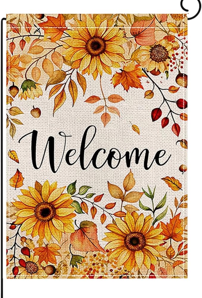 Fall Garden Flag 12 x 18 Inch Double Sided Welcome Sunflower Maple Leaves Designs Autumn Burlap Yard Flag for Outside Rustic Yard Outdoor Holiday Home Decoration
