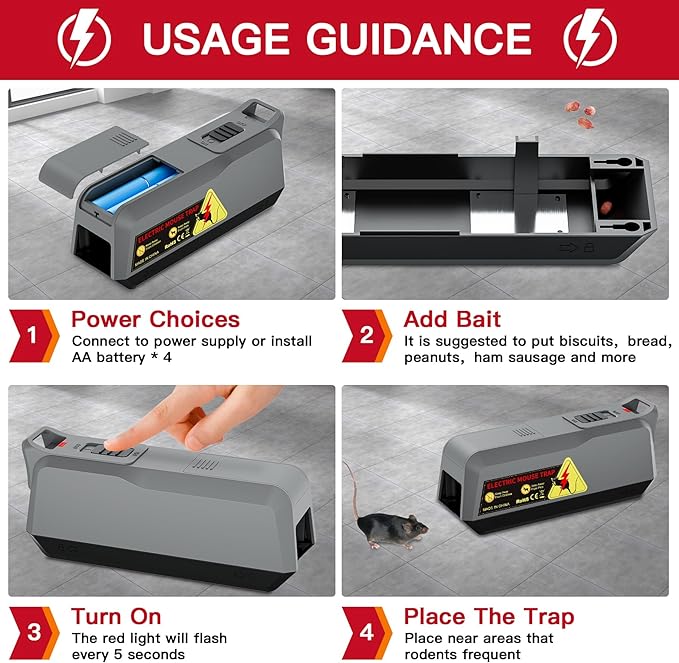 2 Pack Electric Mouse Traps Indoor for Home, Reusable No-Touch Electric Mouse Trap Zapper with Powerful Voltage Effectively Kills Mice in Living Rooms, Kitchens, Garages, and More