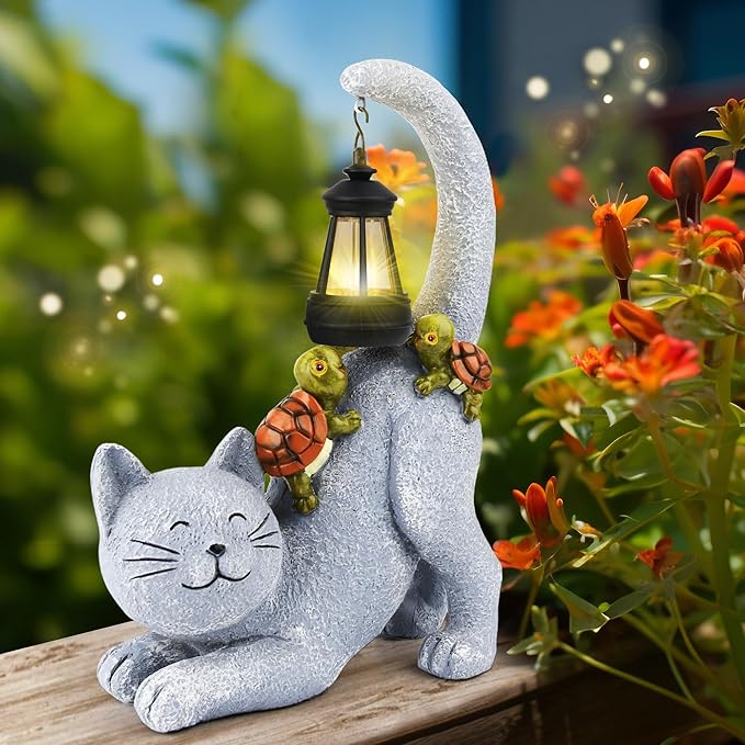 Solar Garden Decor Cat Figurine-Cat Outdoor Statue with Solar Lantern, Loving Turtle Garden Decor for Outside Patio,Porch,Yard, Backyard-Unique Housewarming Gifts for Mom Grandma Women