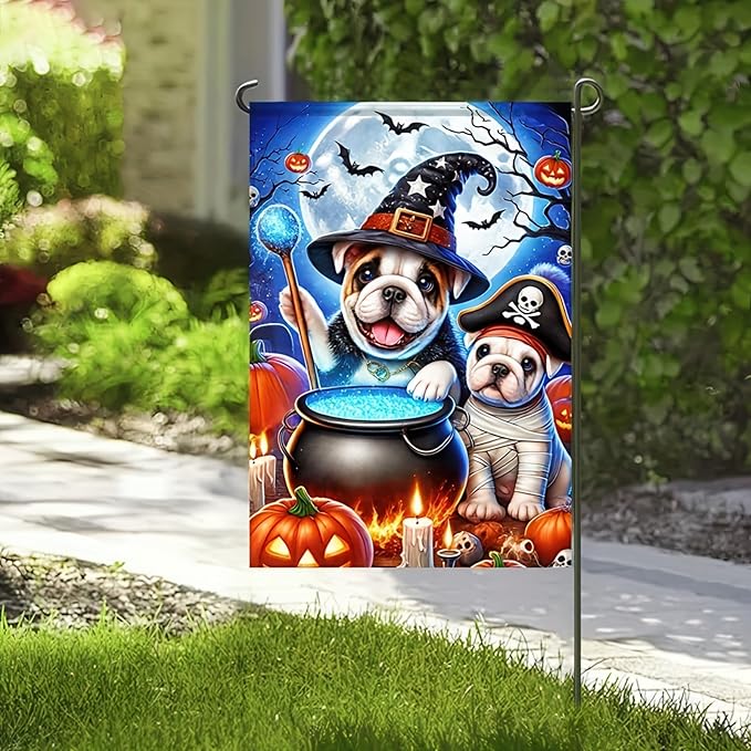 Halloween Garden Flag Double Sided 12x18 Flag Cute Dog Flag Bulldog Halloween Garden Flag Dogs In Wizard And Pirate Costumes Cauldron Pumpkins Full Moon Fun Outdoor Yard Lawn Decoration