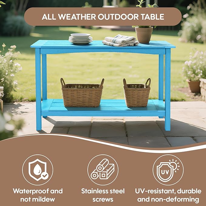 Weatherproof HIPS Outdoor Console Table, 48'' 2-Shelf SideTable Indoor/Outdoor Use, Multifunctional Buffet Table Bar Storage Organizer for Entryway,Yard, Patio, Outside Plant Stand Table, Blue