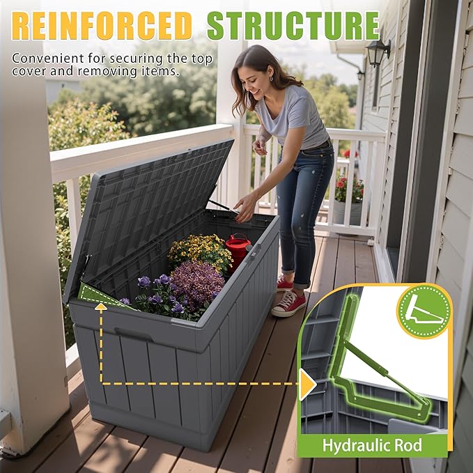 Greesum 82 Gallon Resin Deck Box Large Outdoor Storage for Patio Furniture, Garden Tools, Pool Supplies, Weatherproof and UV Resistant, Lockable, Grey