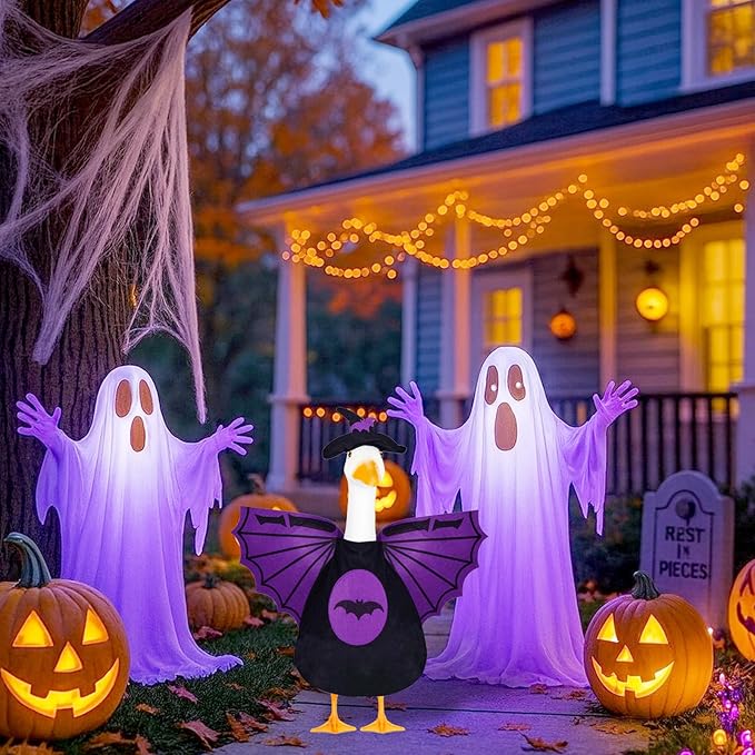 Halloween Bat Porch Goose Outfits 23inch Plastic Cement Goose Statue Costume, Fall Lawn Geese Sculpture Clothes for Garden Yard Patio Party Decoration