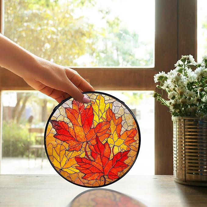 TNUW Fall Leaf Stained Glass Window Hanging, Rustic Autumn Maple Leaves Sun Catchers Indoor Window Glass Round Wall Art Decor, Fall Autumn Wall Hanging Decorations, 7.9＂x7.9＂
