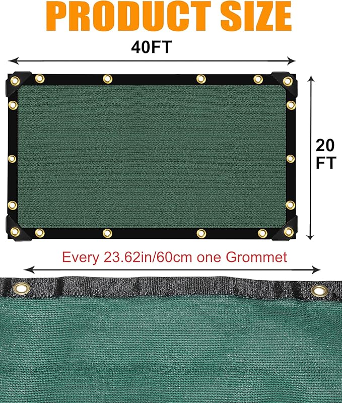E.share 90% Heavy Duty Shade Cloth for Garden, 20 Ft X 40 Ft Sun Shades Outdoor Patio with Grommets for Plant Covers,Porch Screen,Pergola Shade Cover,Greenhouse,Green
