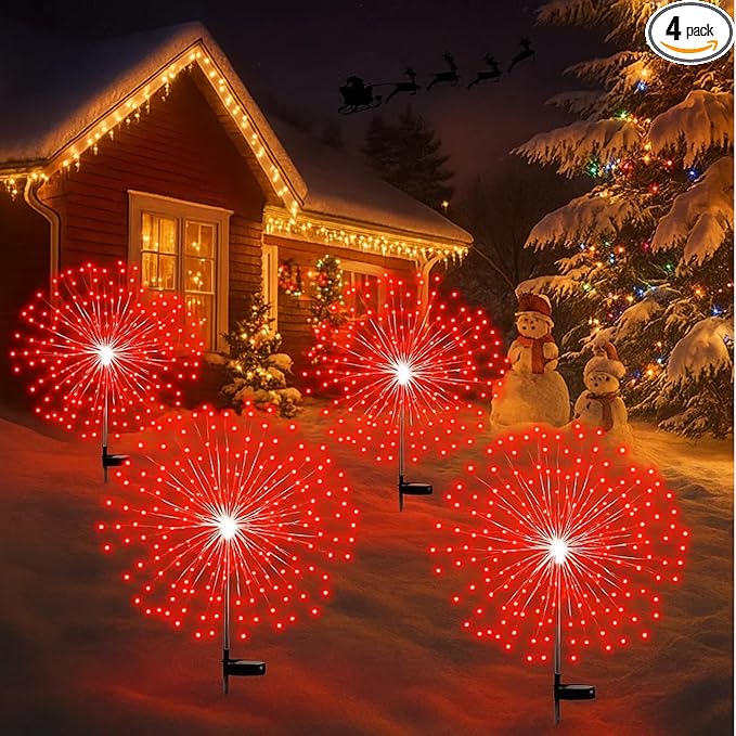4 Pack Halloween Solar Lights Outdoor Christmas Solar Firework Lights with 180 LEDs 8 Modes LED Firework Decoration Waterproof Landscape Pathway Stake Sparkler Decor for Garden Driveway (Red)