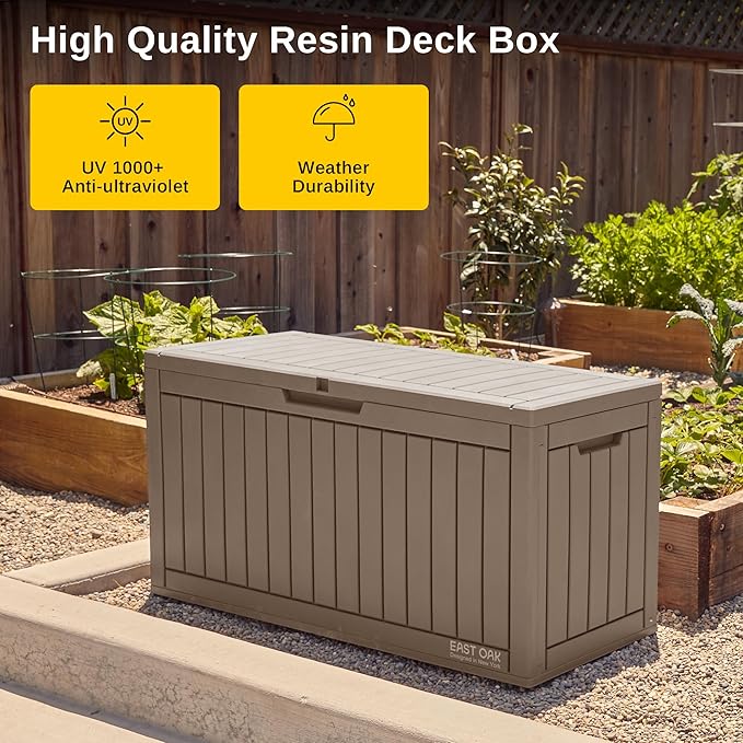 EAST OAK Outdoor Storage Box, 60 Gallon Deck Box Indoor and Outdoor Use, Waterproof Resin Storage Bin for Patio Cushions, Gardening Tools, Lockable, UV Resistant, Brown