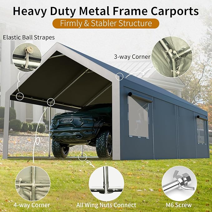 Carport - Upgraded 13x26 FT Oversized Heavy Duty Car Tent Storge Shelter Garage with Zipper Vents & Doors, Tarp Thicken Car Canopy with Reinforced Steel Poles Car Port for SUV, Boats