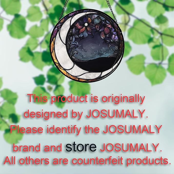 Stained Glass Window Hanging - Black and White Moon Sun Catcher for Door Terrace Garden Home Decor, Abstract Plant Flower Suncatcher Birthday Gifts for Lovers Women Men Dad Mom Nana 9.8 in