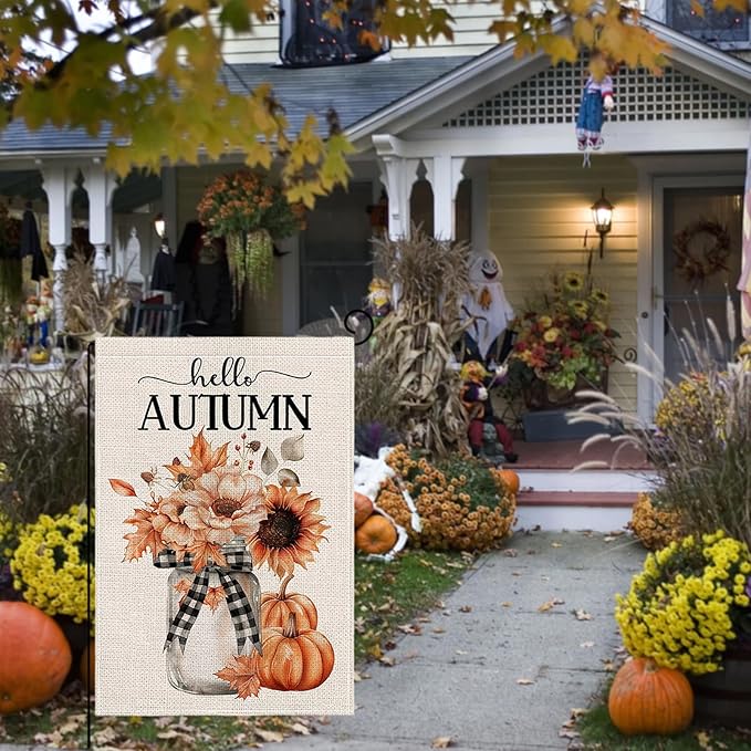 Fall Garden Flag 12 x 18 Inch Double Sided Hello Pumpkin Sunflower Maple Leaves Designs Autumn Burlap Yard Flag for Outside Rustic Yard Outdoor Holiday Home Decoration