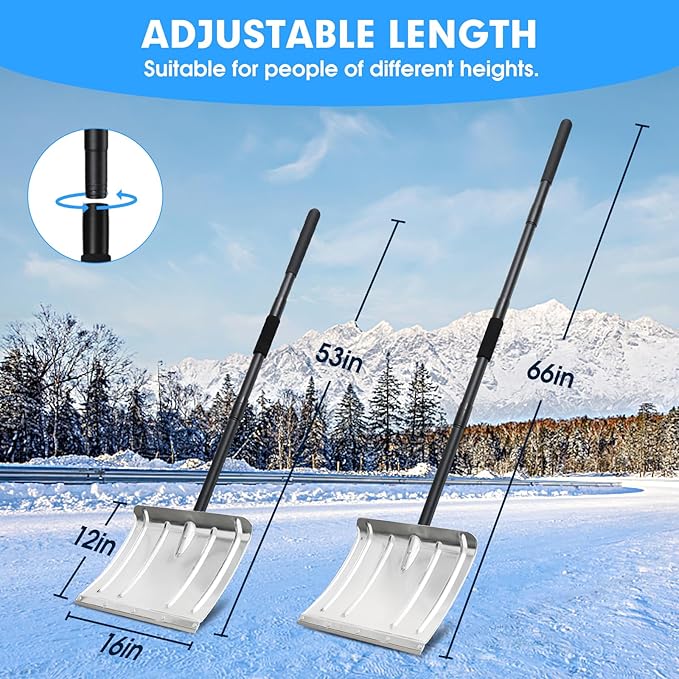 Snow Shovel for Driveway, 53/66 inches Aluminum Snow Removal Shovel Heavy Duty Metal Snow Shovels for Car Trunk Home Garage Garden