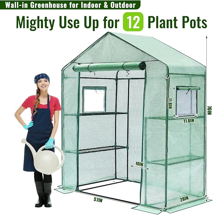 Greengro Greenhouse, 28 x 57 x 76'' Greenhouses for Outdoors, Small Plant Green House with Screen Windows, 3 Tiers 4 Shelves, Durable PE Cover, Plastic Portable Wall in Greenhouses for Outside Indoor