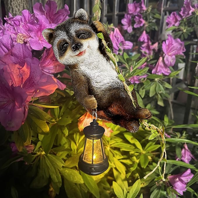 Joliyoou 1 Pack Solar Light Outdoor Statues, 6.5"H Resin Raccoon Climbing On A 23.6"L Vine with LED Lantern, Waterproof Hanging Animal Figurine with Hook for Yard Garden Wall Balcony Tree Decoration