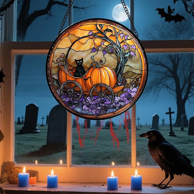 Stained Glass Window Hanging - Halloween Pumpkin Carriage Black Cat Suncatcher for Doors Window Garden Spooky Sun Catchers Gothic Decor Horror Gifts for Women Men Friend Boy Girl 6.3 in