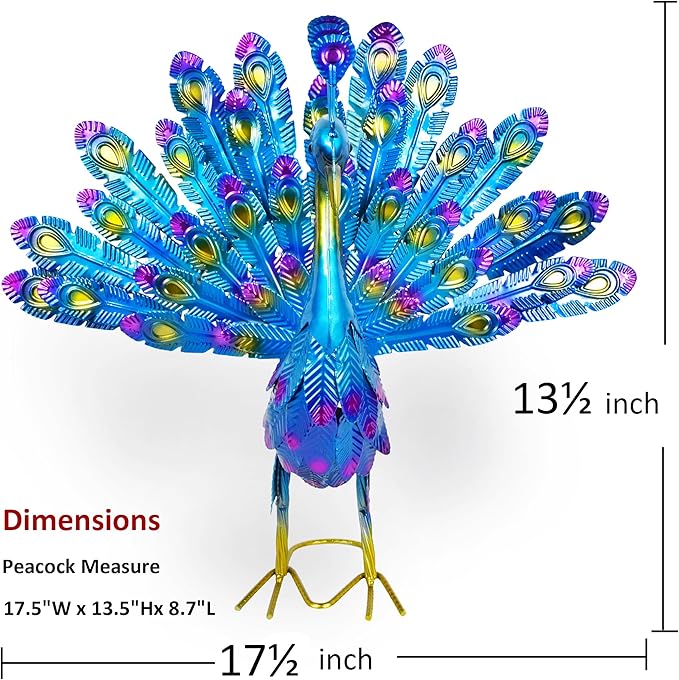 MACLARONX Metal Peacock Garden Yard Art Outdoor Statue Standing Sculpture for Backyard Lawn Patio Home Decorations, 17'' W Multi-Color, Blue-peacock
