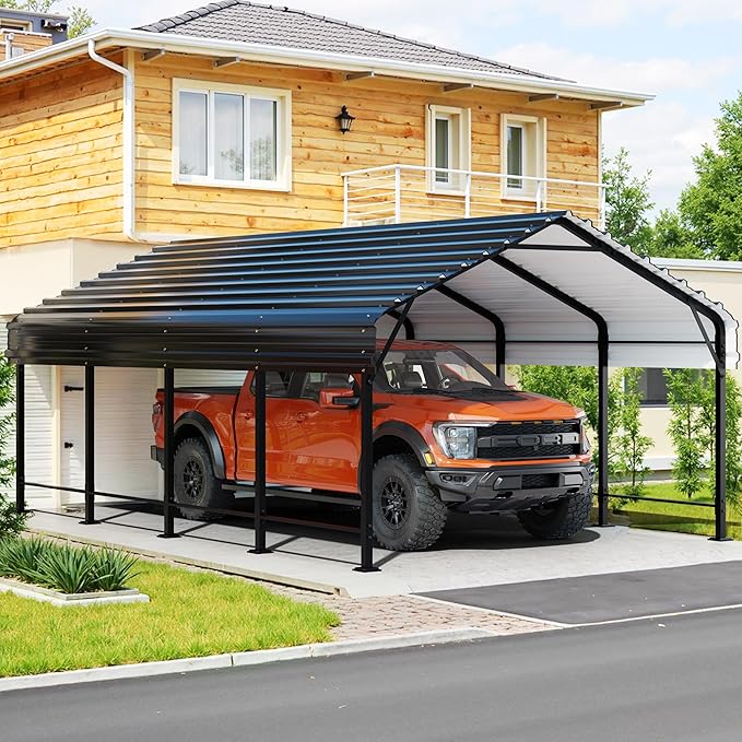 JY QAQA 12 x 20 FT Heavy Duty Metal Carport Canopy with Galvanized Steel Roof, Outdoor Car Tent Metal Garage Shelter for Car, SUV, Trucks and Boats
