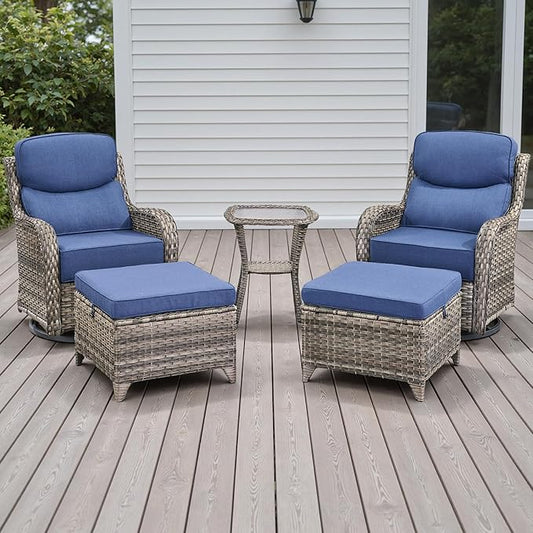 Wicker Outdoor Patio Furniture Set - 5 Piece Patio Conversation Sets with Swivel Rocker Chairs, Ottomans and Side Table, 6 inch Cushions, Waterproof Wicker, for Porch Deck Mixed Grey/Blue