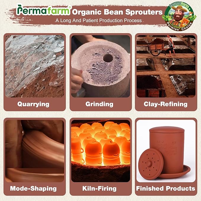 Permafarm® Organic Bean Sprouter, Natural Earthen-Clay Mung Bean Sprouter, Sprouts Growing Kit for Soybeans, Broccoli, Alfalfa & More | Lead-Free, Cadmium-Free (Small Size for Individuals or Couples)