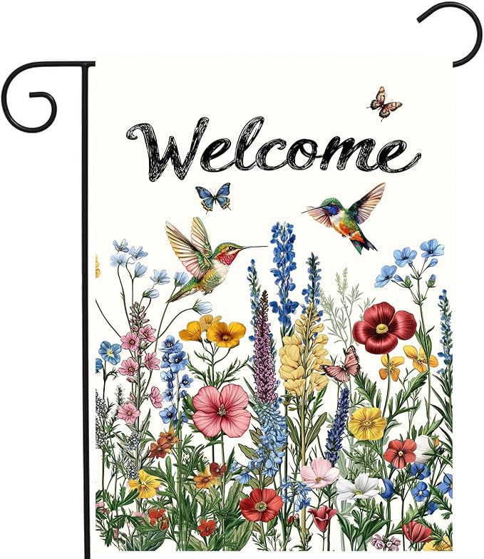 Spring Hummingbird Garden Flags Floral Summer banner for Outside 12x18 Double Sided Wildflower Yard Signs Small Outdoor Seasonal Decorative