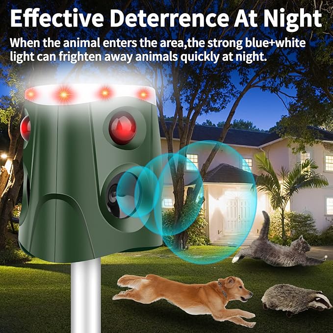 Solar Ultrasonic Animal Repeller, 360° Cat Repellent Outdoor Deer Deterrent Device with 3-Side Motion Activated Flashing Lights,Solar Powered Dog Repellent for Cat Dogs Bird Skunk Rabbit Squirrels